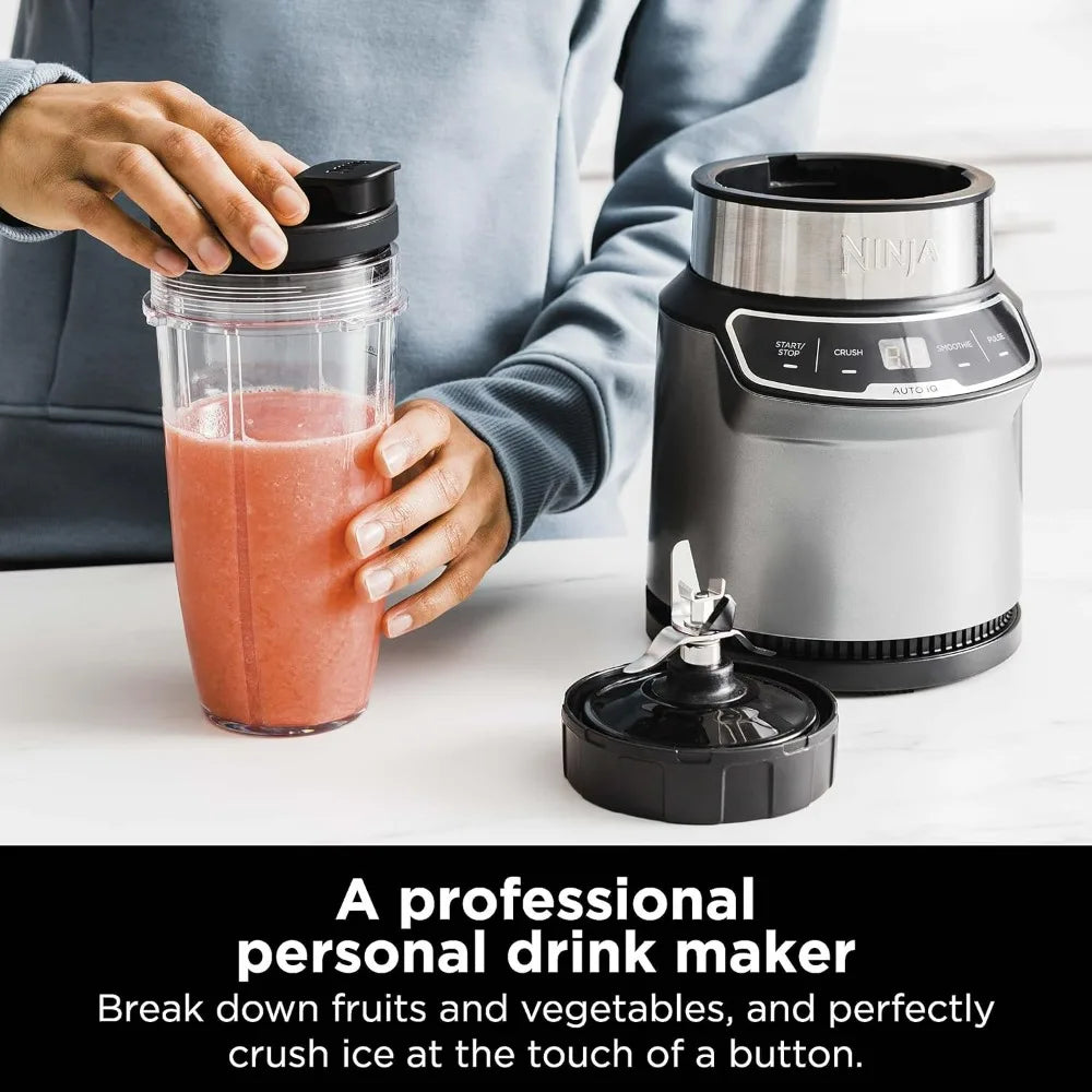 Ninja Nutri Pro single-serve blender for smoothies, shakes, salsa, and frozen drinks, with 2 cups and lids.