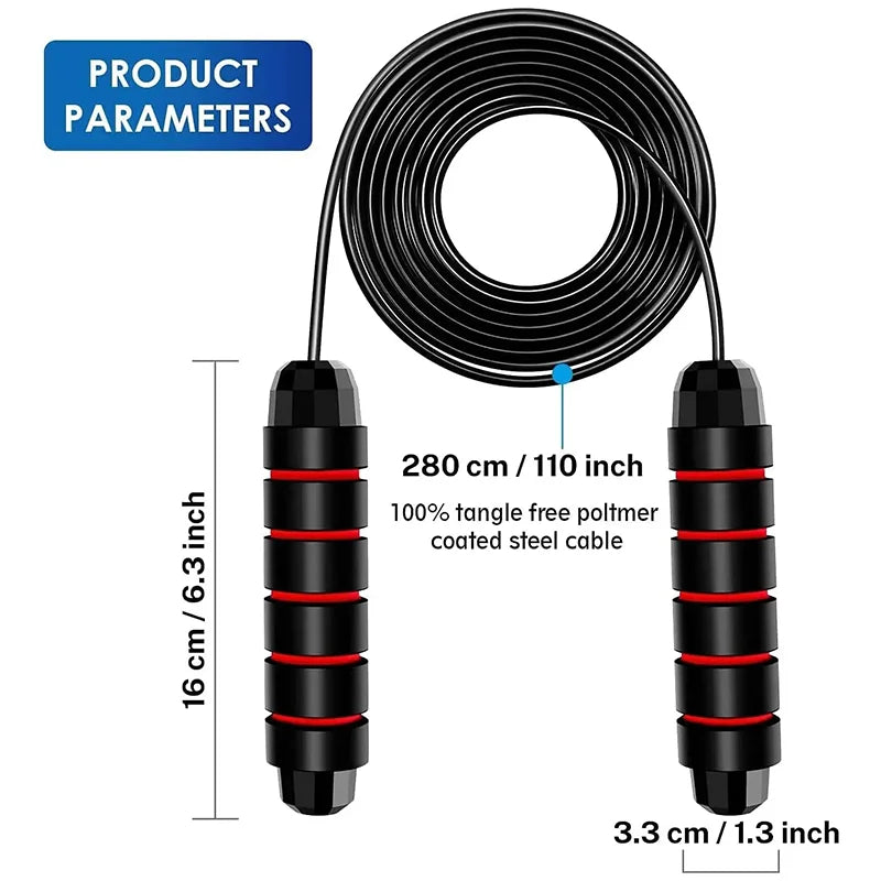 Adjustable steel wire jump rope for fitness training, tangle-free design.