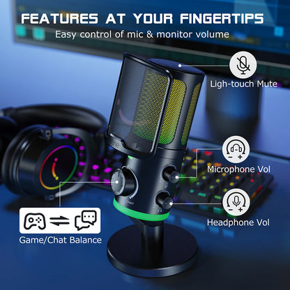 FIFINE USB Gaming Microphone with Noise Cancellation/RGB/Gain&Balance Knob