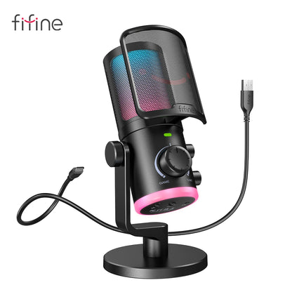 FIFINE USB Gaming Microphone with Noise Cancellation/RGB/Gain&Balance Knob