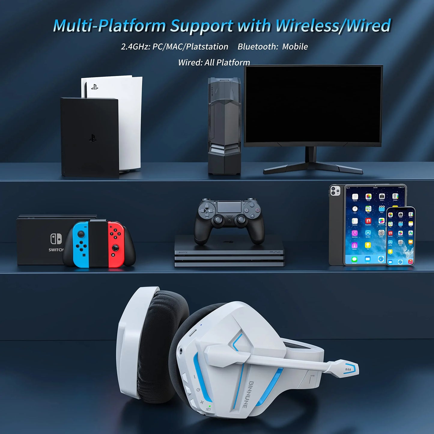 BINNUNE BW01 Wireless Gaming Headset with Mic 2.4G Bluetooth USB