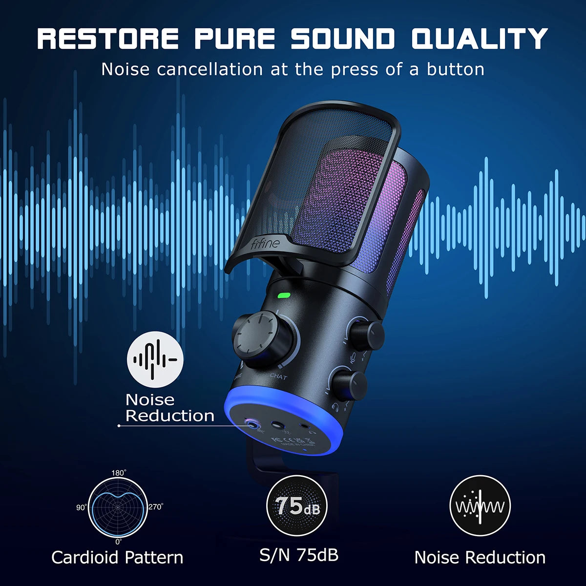 FIFINE USB Gaming Microphone with Noise Cancellation/RGB/Gain&Balance Knob