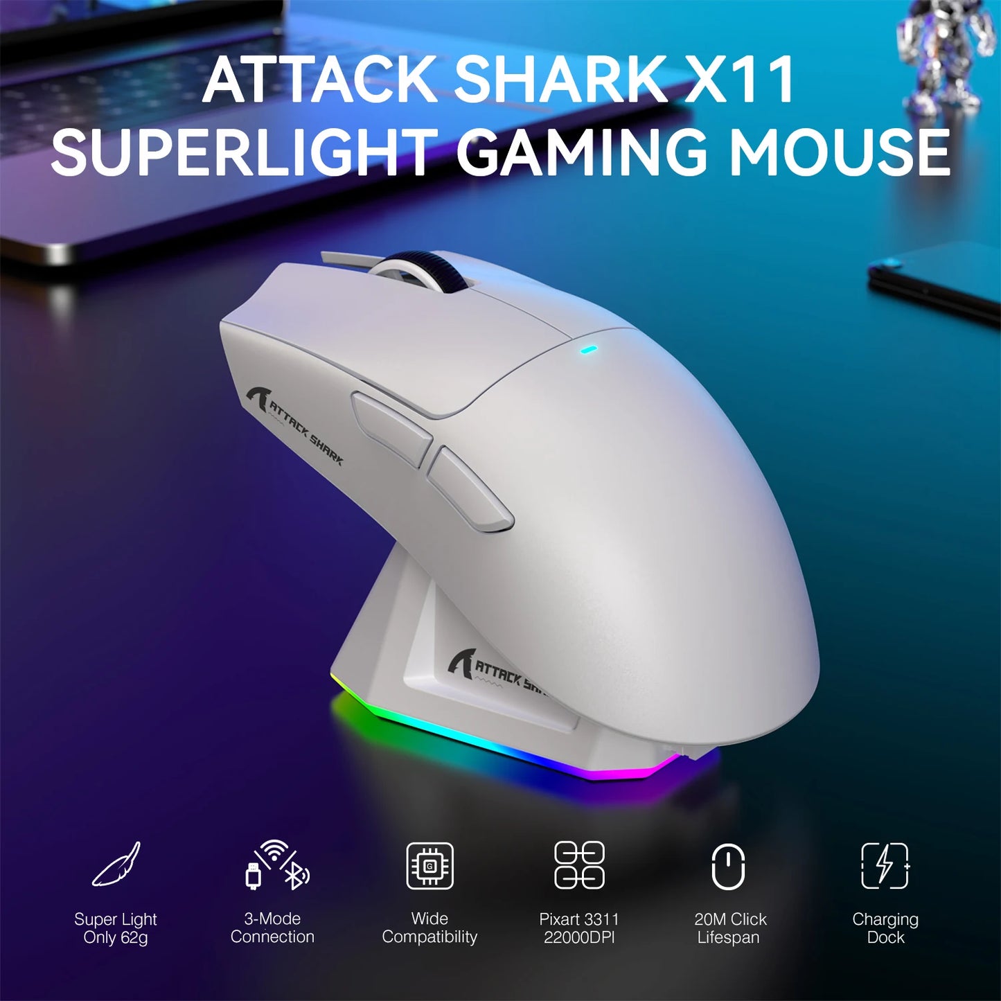 ATTACK SHARK X11 Lightweight Wireless Gaming Mouse with RGB Backlight Charging