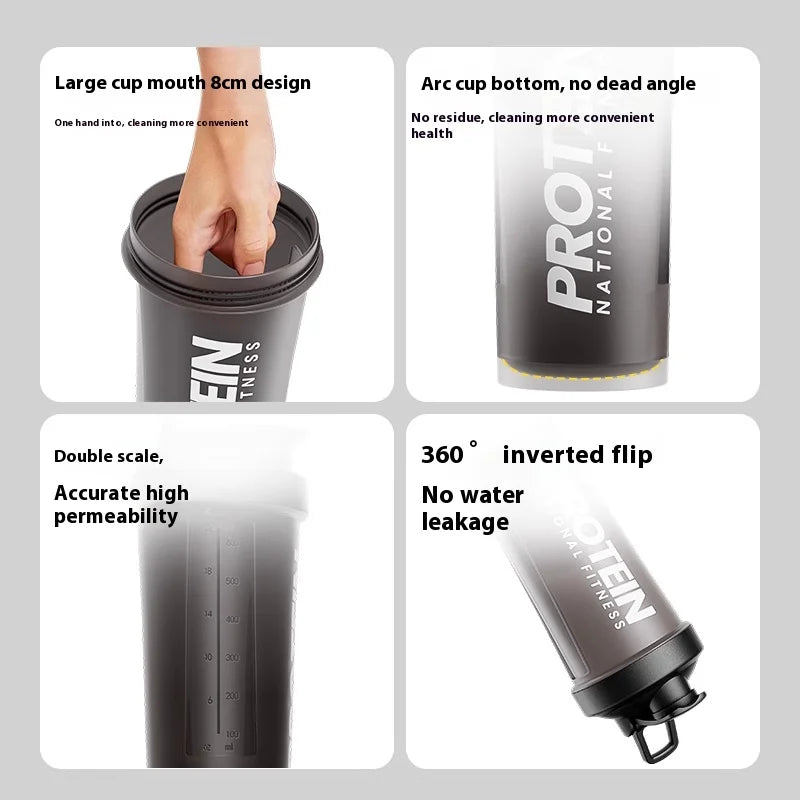 Fitness shaker cup for mixing protein drinks and shakes.