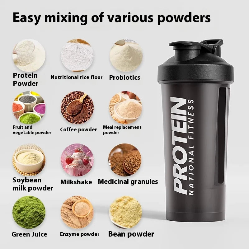 Fitness shaker cup for mixing protein drinks and shakes.