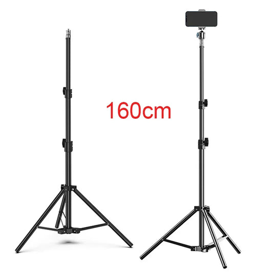 160 cm metal tripod stand for live streaming, with phone holder and light support.