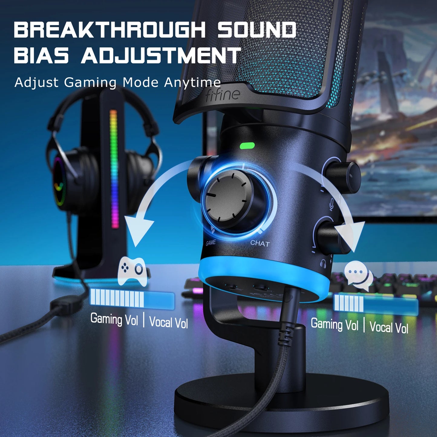 FIFINE USB Gaming Microphone with Noise Cancellation/RGB/Gain&Balance Knob