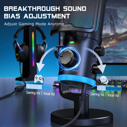 FIFINE USB Gaming Microphone with Noise Cancellation/RGB/Gain&Balance Knob